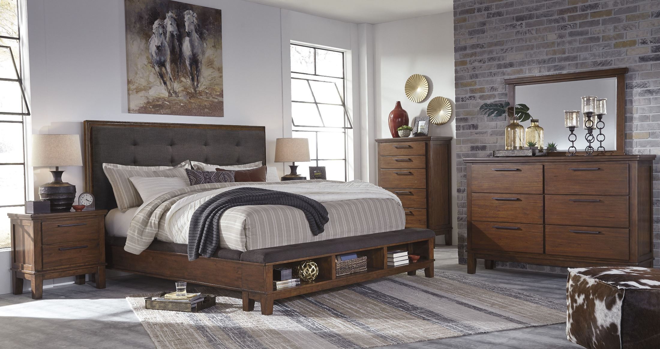 FurnitureETC | Furniture & More Ralene Dark Brown King Upholstered Storage Platform Bed from ...