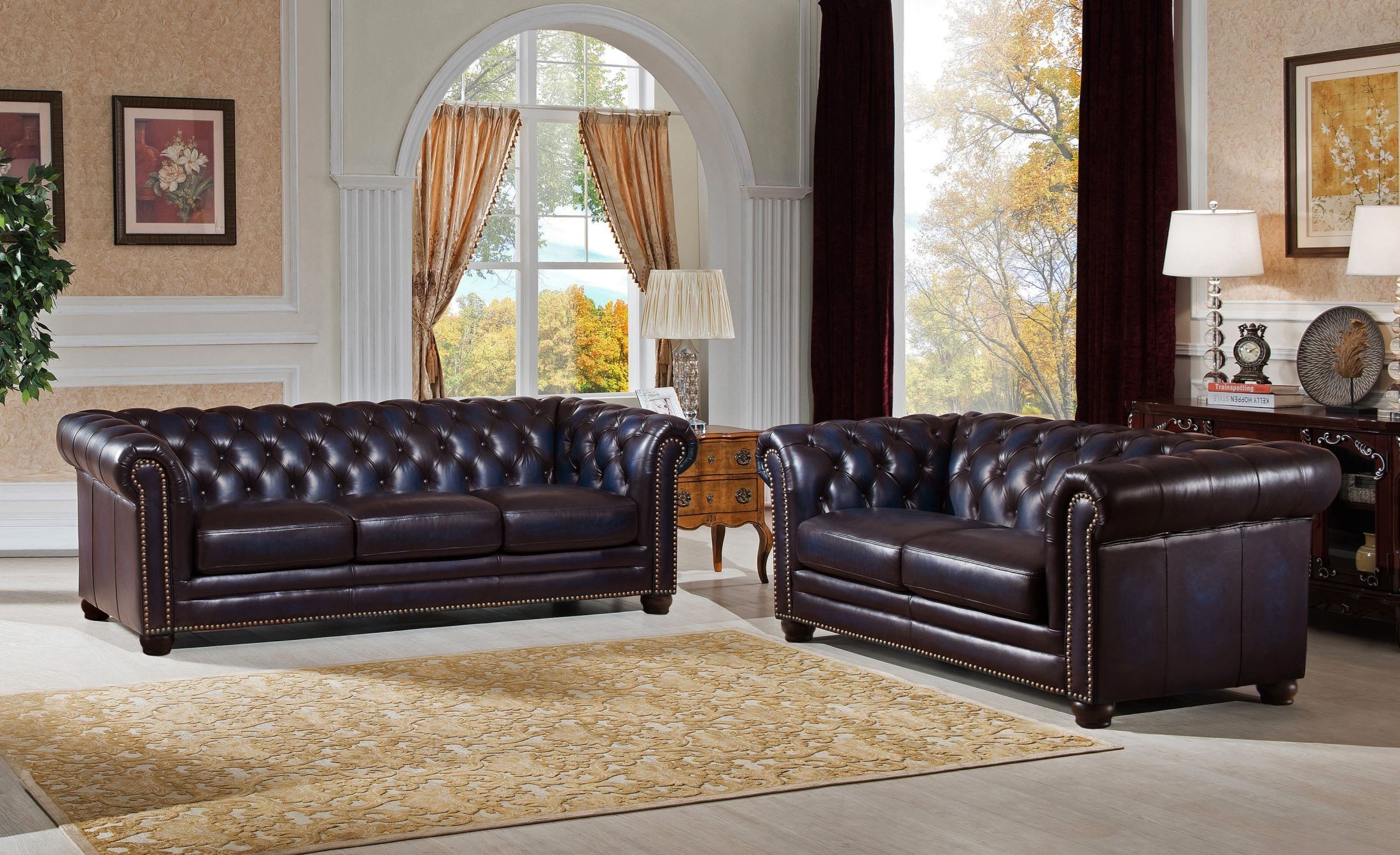 FurnitureETC Furniture & More Dynasty Navy Blue Leather Living Room
